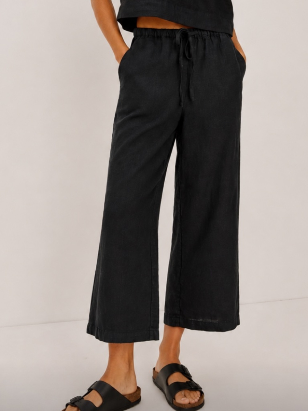 roxy black linen blend wide leg pull on pants